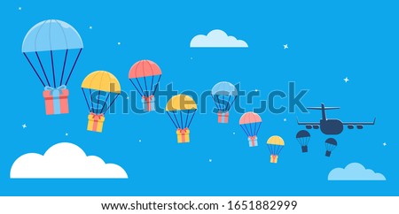 Vector illustration of gift boxes fall with parachute from aircraft
