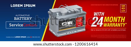 Car battery advertisement poster. 3D illustration realistic vector automobile battery. Banner. Promotion. Information. Store. Sale. Discount. Flyer print. Mock-up. Web design. Brochure. 