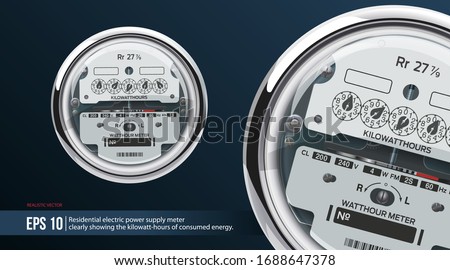 Analog electric meter isolated. Older Analog Dial Meter for 200 Amp electrical service. Voltmeter round shape with a clear plastic cover. Meter clearly showing the kilowatt-hours of consumed energy.