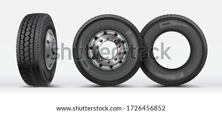 Front view, side view of a heavy truck lorry isolated on white. 3D illustration. Tire icon on white background, vector symbol. Rubber tyres. Big new tire for truck. Car wheel.