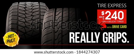 Tire car advertisement poster. Landscape poster, digital banner, flyer, booklet, brochure and web design. Black rubber tire. Realistic vector shining disk car wheel tyre. Information. Store. Action.