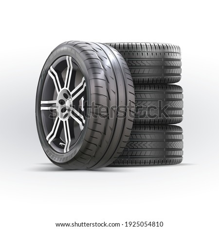 Car wheels set. New tires pile isolated on white. Wheel car, Car tire, Aluminum wheels isolated on white background. Group of tires. High detail vector.