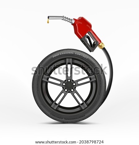 Car wheel with a fuel nozzle on a white background. Petrol Economy Concept. Car Refueling on Fuel Station. Pumping Gasoline Oil. Service Filling Gas or Biodiesel. Automotive Industry, transportation. Foto d'archivio © 
