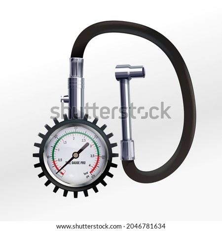 Tire air pressure gauge isolated on white. The pressure gauge shows an operating air pressure of 0.5 bar. Check wheel in service. Manometer, Pressure gauge. 