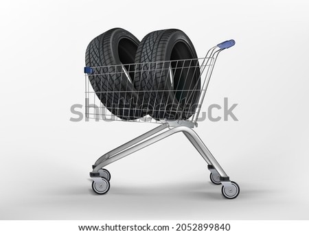 Car tires in the grocery basket. Shopping trolley with wheels. A pair of car wheels with cast rims and new tiresю. Tire set. Wheel icon. Tire shop, tyres change auto service. Isolated.