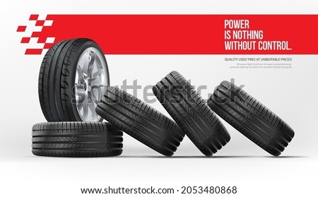 Car Tire Set. Stack of Car Tires Lie on Their Sides on Top of Each Other. 5 Wheels summer, winter.