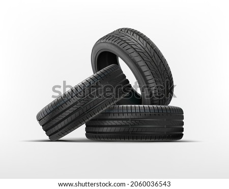 Wall of tyres. Car tyres pile. Car wheels set isolated on a white background. Car tires with different tread marks. Realistic wheel icon. Tyre shop, tyres stack change auto service.