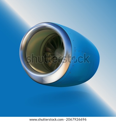 Aircraft engine. Aircraft jet engine with chrome ring. Airplane turbine without wing close-up. Detailed aircraft jet turbine blades, tech blue. Jet turbine, engine plane isolated. Turbo blade motor. 