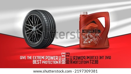 Modern car wheel with a disk on a red background and engine oil. Advertising poster. Car tires.Advertising banner for the sale. Black rubber tire. Landscape poster, flyer, booklet brochure design.