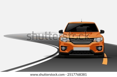 Front view of the car. Traffic on the road. A simple white background.