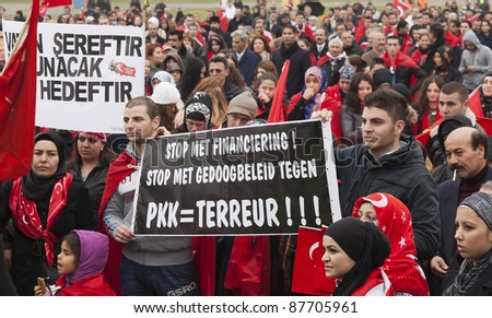 THE HAGUE - OCTOBER 30: Unidentified Turkish men and women protesting against the Kurdistan Workers Party (PKK) on October 30, 2011 in The Hague, The Netherlands.