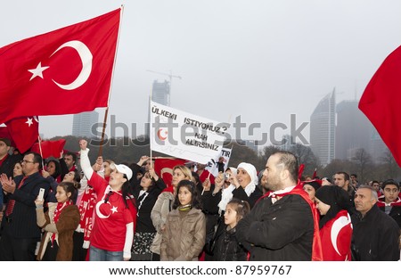 THE HAGUE - OCTOBER 30: Unidentified Turkish men and women protest against the Kurdistan Workers Party (PKK) on October 30, 2011 in The Hague, The Netherlands.