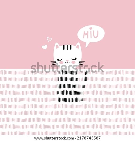 Cute artwork of pretty cat in abstract style on pink background with pattern. Lovely kitten saying Miu, in flat, simple style. Ideal for greeting card, baby girl clothes print, wallart in nursery.