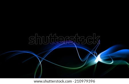 Abstract wavy and curl blue and green lines on black background