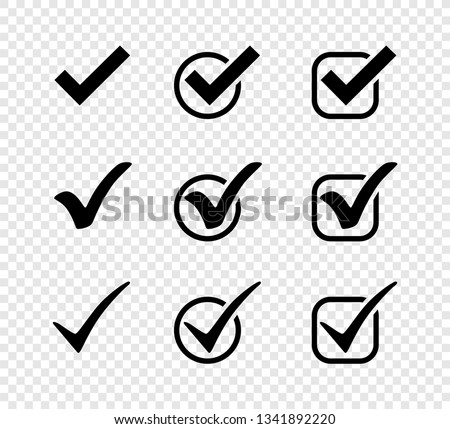 Three black vector check mark icons in circles and squares. Check mark icons. Collection black check marks. Eps10