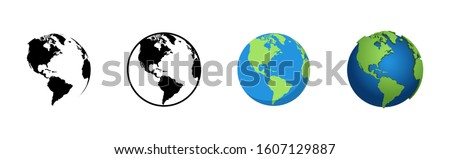 Earth Globe in different designs. World Map in circle. Earth Globes collection. World Map in modern simple styles. Earth Map, isolated on white background. Globes web icon. Vector illustration 