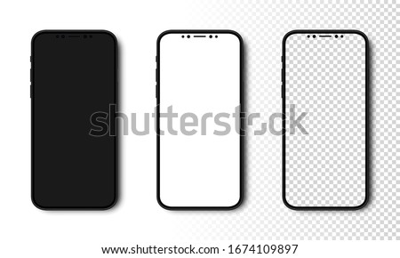 Smartphone mockup. Phone with Black, White and Transparent Screen. Cell Phone with different Screens. Template mockup smartphone in realistic design. Vector illustration.