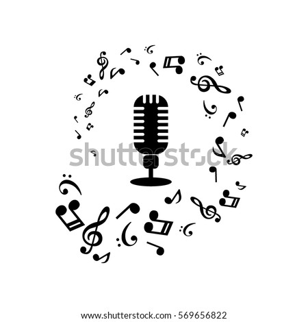 Music notes and microphone on white background. Vector illustration