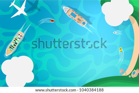 Ariel view-top down view- of the sea side with blue sea ocean, cruise ship small speed boat, white commercial airplane and cloud in the sky with copy space for your text 