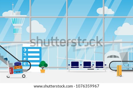 View of space in the airport terminal with long chair,luggage cart,escalators,sign direction,luggage and wide glass window which can see airplane,airport terminal and tower