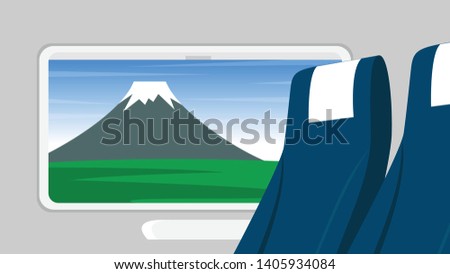 Inside interior landscape view from the train in japan with landscape view of mountain hill outside(mount Fujiyama in Yamanashi, Japan)