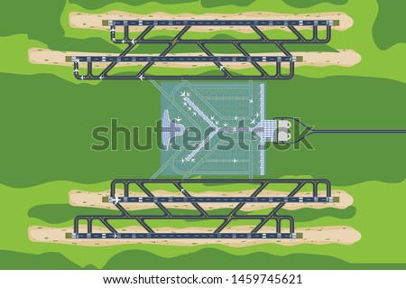Top down landscape view of the big airport with 4 runways and 2 airport terminal in flat style view design