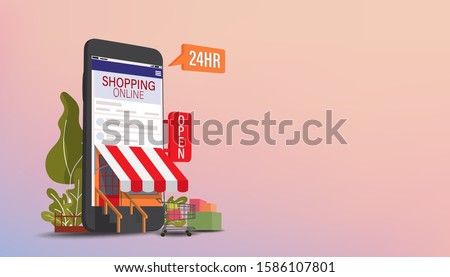 Mobile phone represent of front of shop store.Shopping Online on Website or Mobile Application Vector Concept Marketing and Digital marketing, Long Background