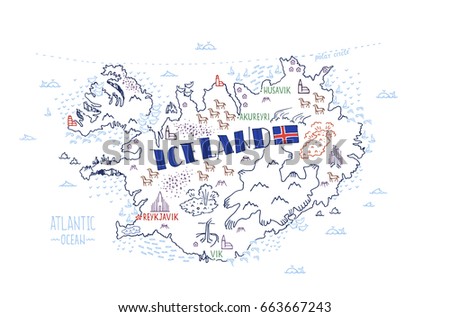 Hand drawn vector illustration.  Map of Iceland with isolated doodle icons of main symbols of Iceland.