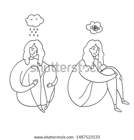 Upset and depressed women hug legs. Set of sad and depressed girls sitting. Heartbreak and sad doodle women. Concept of stress, sadness, depression, metaphor isolated on white background outline