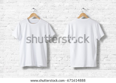 Blank White T-Shirts Mock-up hanging on white wall, front and rear side view. Ready to replace your design Foto d'archivio © 