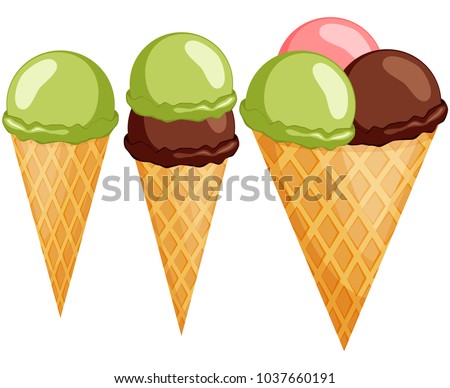 Colorful ice cream cone 1 2 3 balls set. Summer comfort fast food vector illustration for gift card, flyer, certificate or banner, icon, logo, patch, sticker