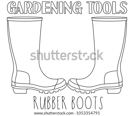 Line art black and white rubber boots. Coloring book page for adults and kids. Garden tool vector illustration for gift card certificate sticker, badge, sign, stamp, logo, label, icon, poster, banner