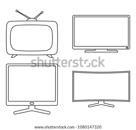 Line art black and white modern tv set. Media theme vector illustration for icon, sticker sign, patch, certificate badge, gift card, stamp logo, label, poster, web banner, flayer invitation