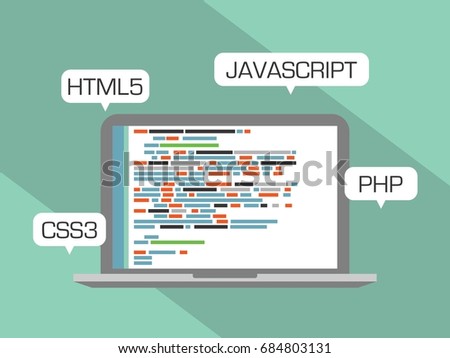 Web programming concept. Design flat, languages HTML5, CSS3, JAVASCRIPT and PHP.