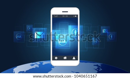 Smart phone screen showing digital circuit boards with icon and world map background, Symbol of International communication, Social media and devices technology which spans the entire earth.