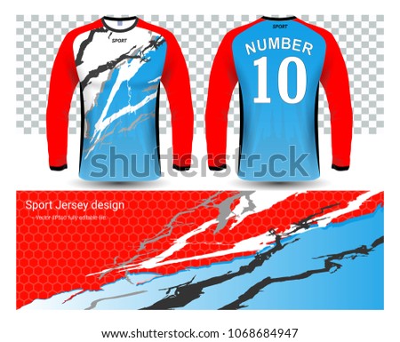Long sleeve soccer jerseys t-shirts mockup template, graphic design for football uniforms, motocross, unisex cycling, navy submariner and sportswear, Easily to change logo, name, color in your styles.
