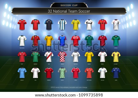 Football 2018 World championship cup, National team soccer jersey uniforms group set, Sport T-Shirt MockUp for your presentation match score or game results of tournament in Russian (Vector Eps10)