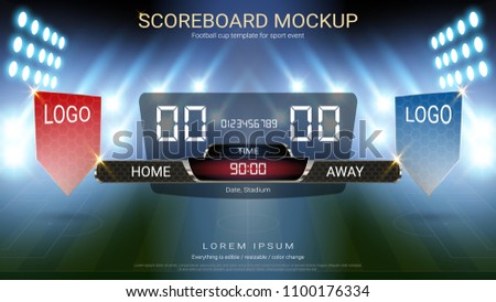 Digital timing scoreboard, Football match team A vs team B, Strategy broadcast graphic template for presentation score or game results display (EPS10 vector fully editable, resizable and color change)