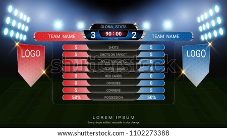 Soccer football scoreboard team A vs team B, Global stats broadcast graphic template with flag, For your presentation of the match results (EPS10 vector fully editable, resizable and color change)