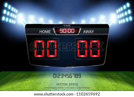 Digital timing scoreboard, Sport soccer and football match Home Versus Away, Strategy broadcast graphic template for presentation score or game results display  (EPS10 vector fully editable)