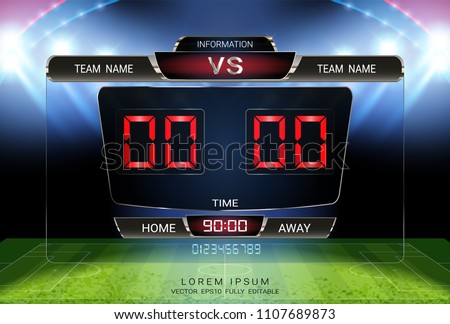Digital timing scoreboard, Football match team A vs team B, Strategy broadcast graphic template for presentation score or game results display (EPS10 vector fully editable, resizable and color change)