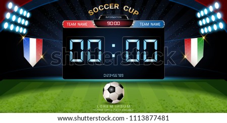 Digital timing scoreboard, Football match with the flag, Strategy broadcast graphic template for presentation score or game results display (EPS10 vector fully editable, resizable and color change)