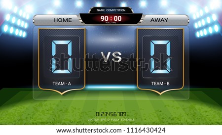 Digital timing scoreboard, Football match team A vs team B, Strategy broadcast graphic template for presentation score or game results display (EPS10 vector fully editable, resizable and color change)