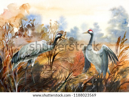 autumn landscape with birds  crane, watercolor illustration