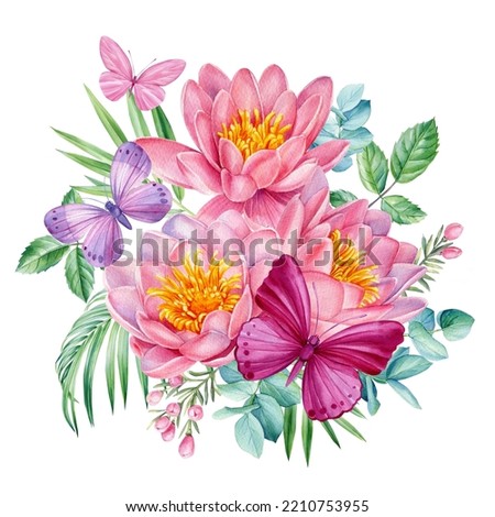 Bouquet with pink lotus flowers and butterflies, floral Illustration botanical watercolor style. Flora design.