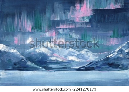 Mountains in the snow at night, northern lights, acrylic painting, oil art on canvas, winter landscape