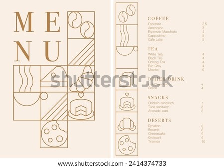 Cafe design menu. Coffee drinks menu price list for cafe, coffee shop vector template. Coffee linear print. Pattern with coffee theme in geometric minimalistic style. 