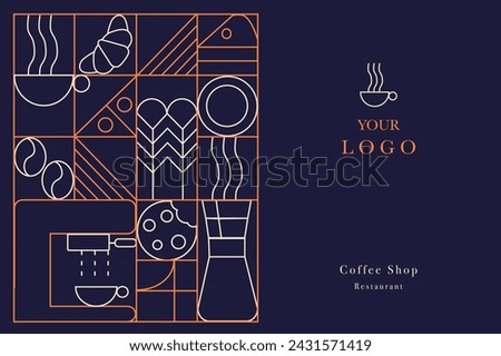 Web banner. Hand drawn illustration of Bakery and Coffee. Icons. Abstract geometric line background. Gold luxury
