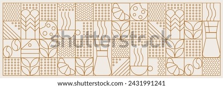 Hand drawn illustration of Bakery and Coffee. Icons. Abstract geometric line background. Gold luxury. Pattern for cover design, food package, menu, background, café wall, coffee shop, web banner