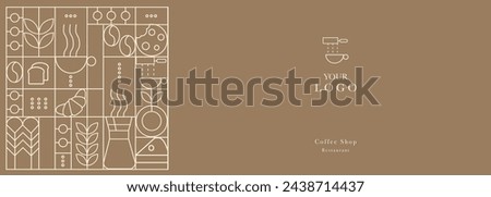 Web banner. Hand drawn illustration of Bakery and Coffee. Icons. Abstract geometric line background. Gold luxury. Illustration for cover design, food package, menu, background, café wall, coffee shop,